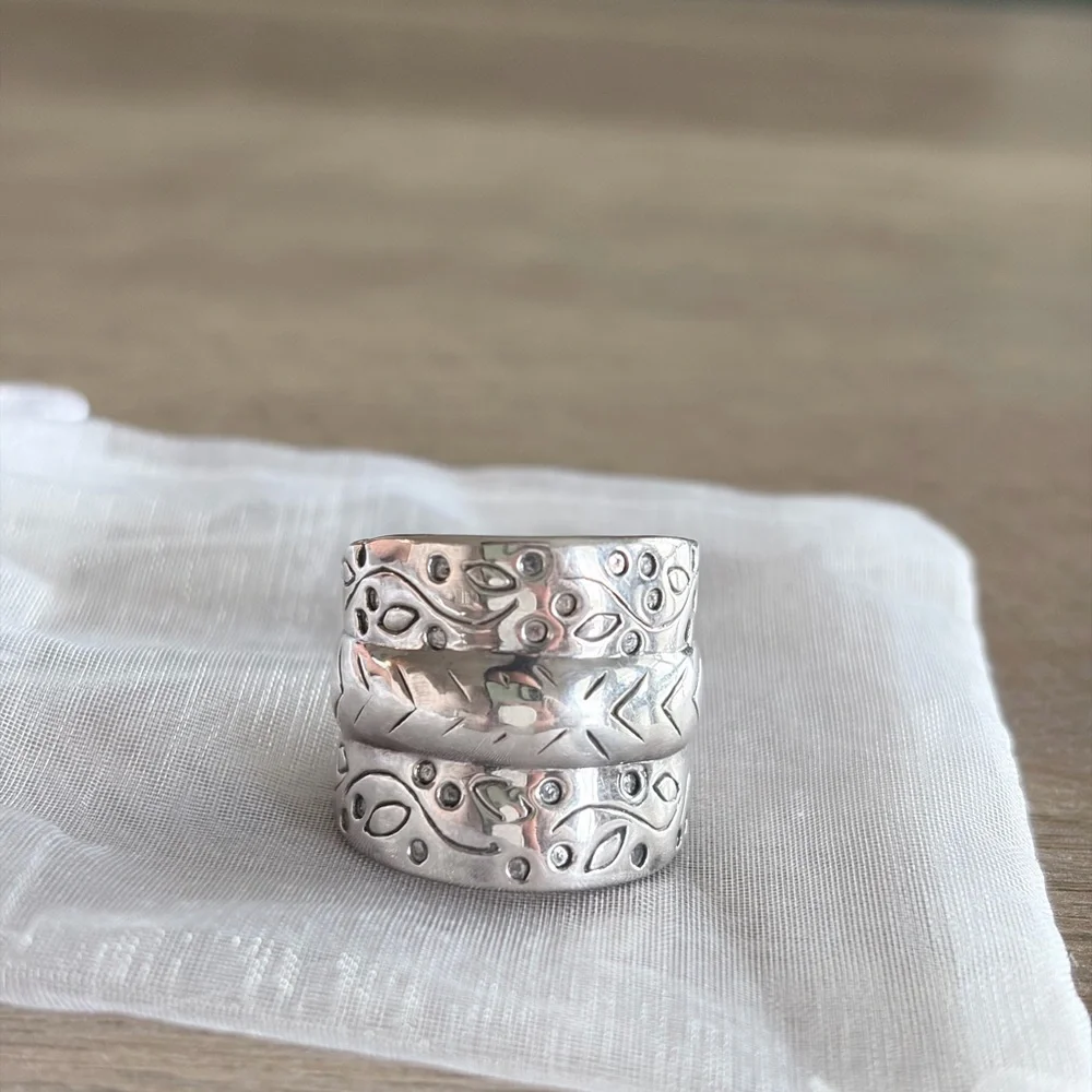 Sterling Silver 925 Wide Spinner Ring | Hand Engraved Boho Statement - Size 8 - Picture 3 of 6
